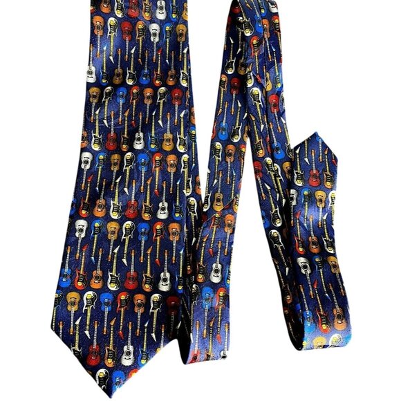 Addiction Guitar Pattern Mens Tie Classic Musicians Novelty Professional Navy - Picture 1 of 4